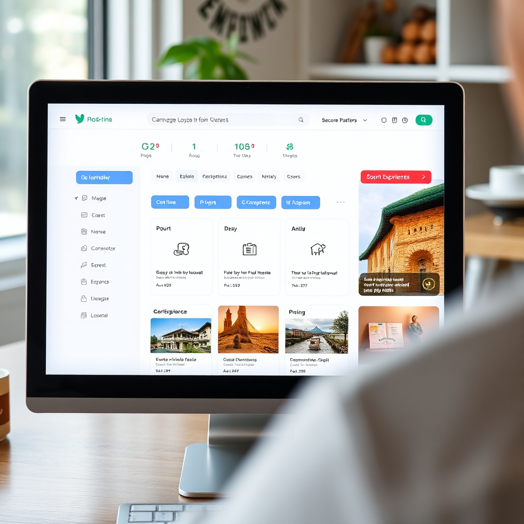 Create a photorealistic image showcasing a user-friendly online platform interface. The screen displays a clear and intuitive dashboard with options for managing bookings, communicating with guests, and showcasing local experiences. The overall style is clean, modern, and user-friendly. The camera angle is a close-up shot, focusing on the screen and highlighting the ease of use.