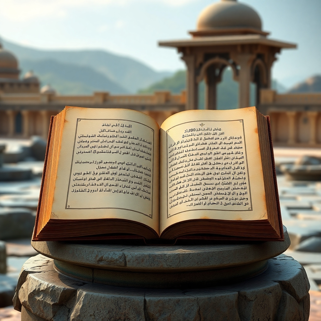 Create a photorealistic image featuring an open, antique book resting on a stone pedestal. The pages of the book are illuminated, revealing elegant calligraphy outlining the core principles of the Zuberi philosophy. The background should feature elements of ancient architecture and natural landscapes. The style should evoke a sense of timeless wisdom and intellectual pursuit. Soft lighting accentuating the textures of the aged paper and stone, 4k resolution.