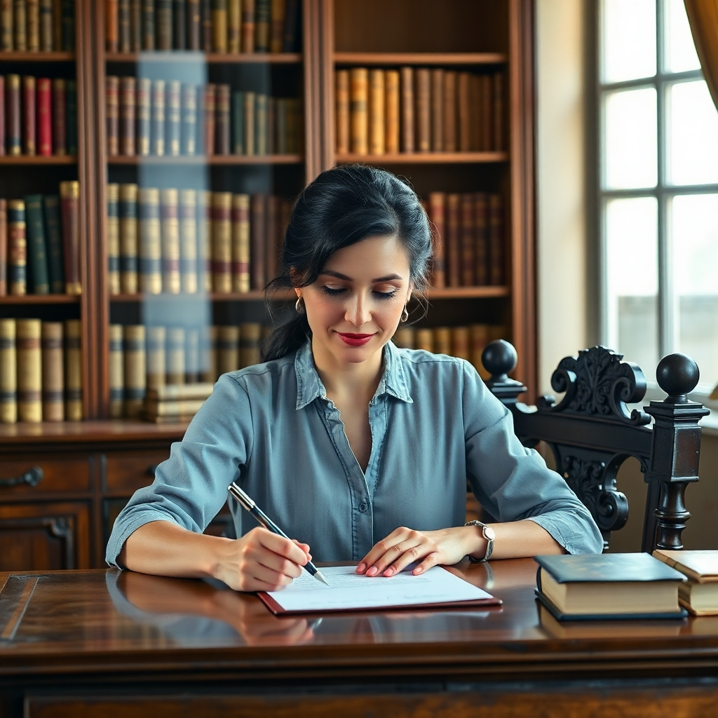 Create a photorealistic image depicting a woman sitting at an antique desk, signing a document. Behind her are shelves lined with ancient books, symbolizing wisdom and lineage. The scene should be illuminated by warm, natural light. High-resolution.