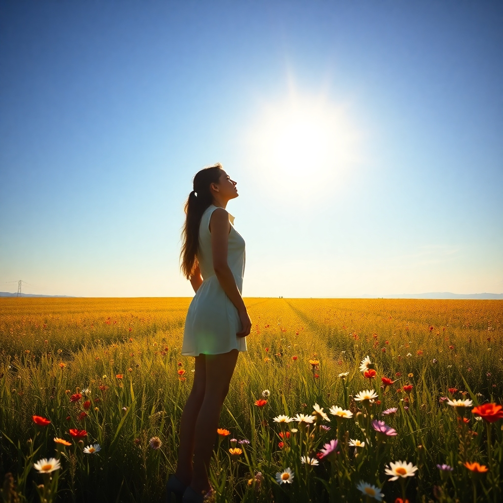 Create a photorealistic image depicting a woman standing at the edge of a vast, sunlit field, her silhouette framed against the horizon. The woman is gazing upwards with a sense of awe and determination. The field is filled with wildflowers, symbolizing potential and growth. The sunlight creates a warm and inviting atmosphere, highlighting the path ahead. The style should be inspired by landscape photography and impressionist paintings. 4K resolution, high quality.