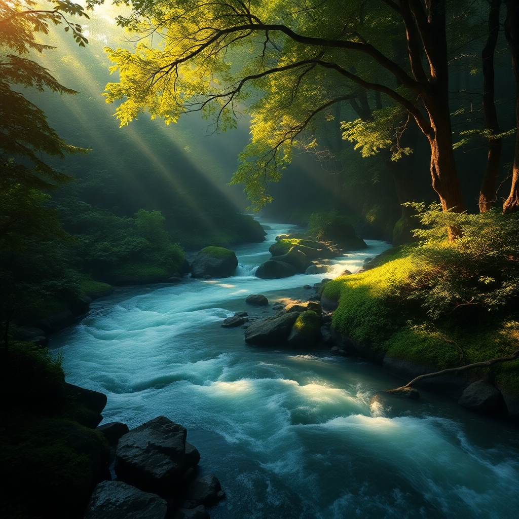 Create a photorealistic image depicting a flowing river originating from a sacred grove nestled deep within a lush forest. The river represents the origin of Malachy and the Zuberi philosophy, while the sacred grove symbolizes the source of knowledge and wisdom. The lighting should be soft and ethereal, with sunlight filtering through the leaves of the trees. The color palette should be rich and earthy, with shades of green, brown, and gold. The style should be inspired by landscape photography and nature paintings. 4K resolution, high quality.