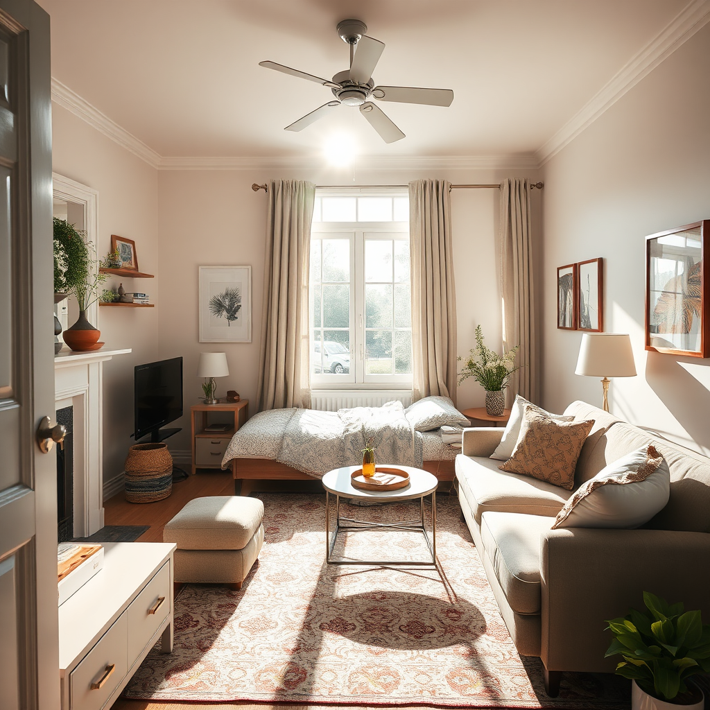 Create a photorealistic image showcasing a beautifully decorated spare room in a home. Sunlight is streaming through the window, highlighting the comfortable and inviting atmosphere. The room is clean and well-maintained, with personal touches that reflect the host's personality. The camera angle is a wide shot, capturing the entire room. The image should evoke a sense of comfort, welcome, and financial opportunity.
