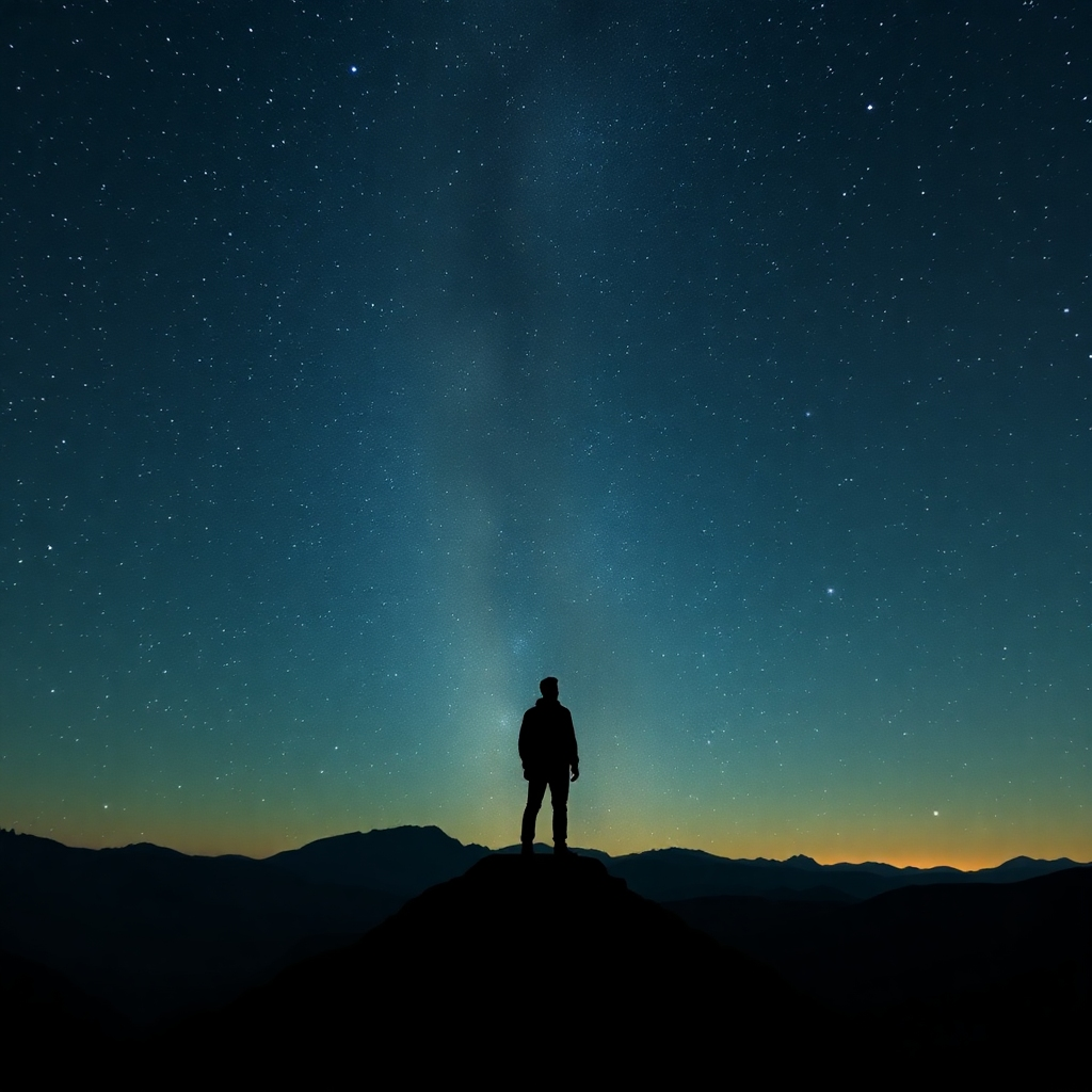Create a photorealistic image depicting a solitary figure standing on a mountaintop, gazing up at a vast, starlit sky. The figure's silhouette should be framed against the twinkling stars, creating a sense of wonder and awe. The sky should be filled with constellations and celestial phenomena, representing the mysteries of the universe and the soul's yearning for deeper meaning. Use a long-exposure technique to capture the movement of the stars and the depth of the night sky. 4K resolution, high quality.