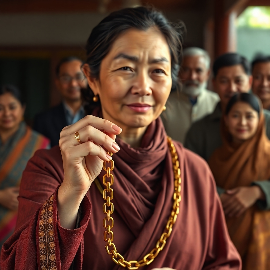 Create a photorealistic image of a woman connected to her ancestors by holding a golden chain. She is not alone. In the background are her living family and passed relatives. The color palette should be warm and reflective. 4K resolution.