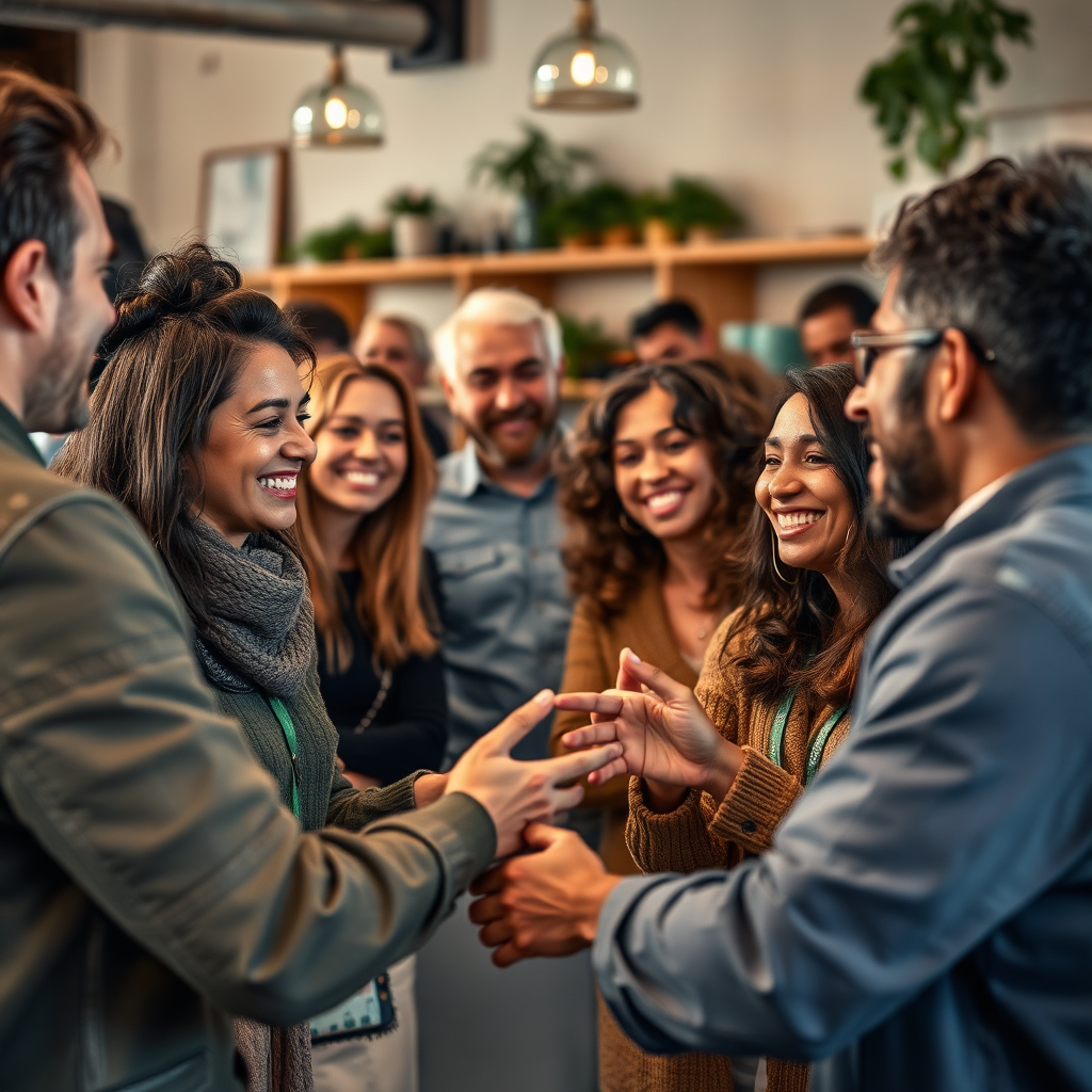 Create a photorealistic image showcasing a group of diverse hosts gathering for a local event or meetup. They are smiling and engaged in conversation, sharing experiences and building connections. The setting is a relaxed and welcoming environment, fostering a sense of community. The camera angle is a medium shot, focusing on the interaction between the hosts. The image should convey a sense of belonging and support.