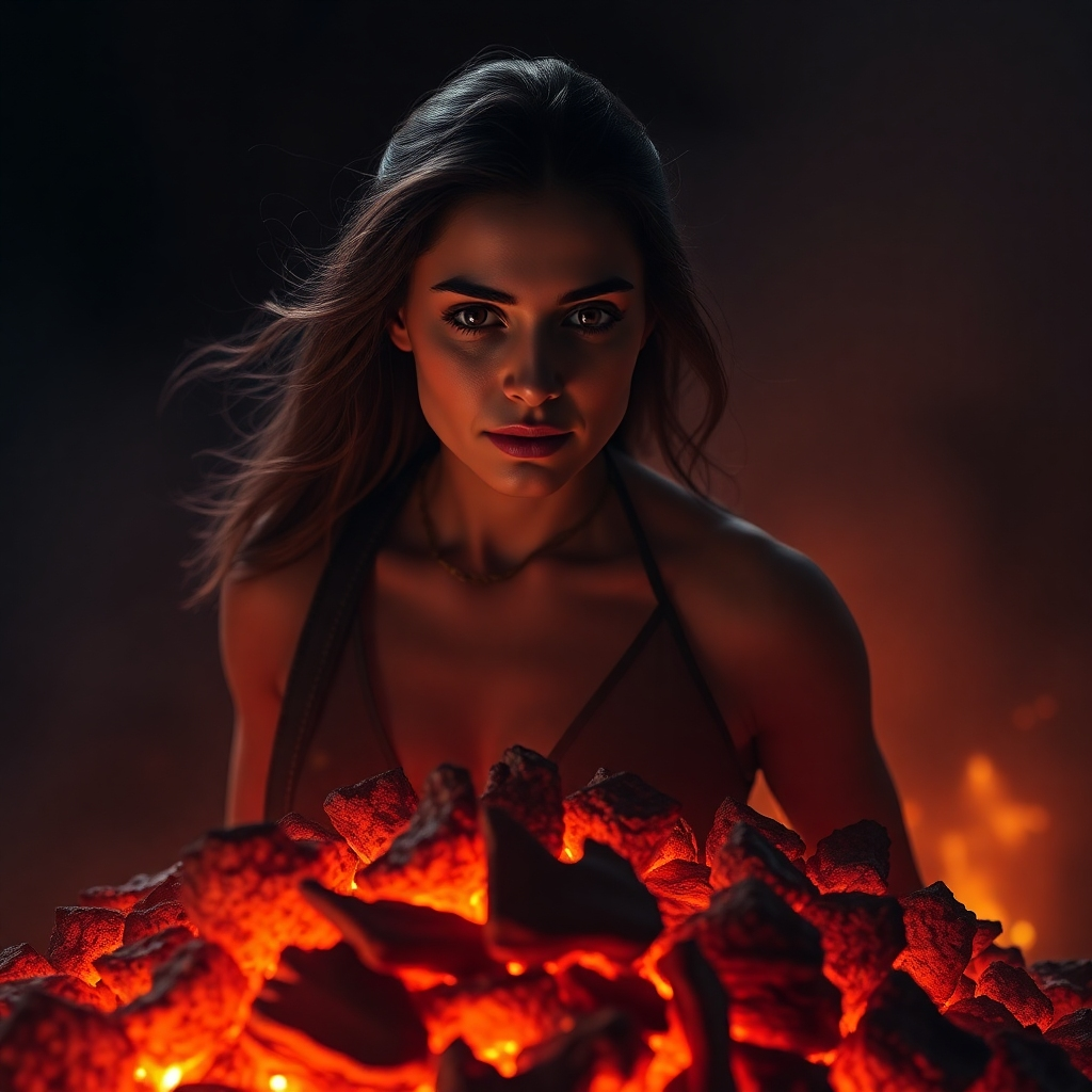Create a photorealistic image depicting a woman emerging from a pile of glowing embers. The woman is beautiful, yet strong. The background is dimly lit, highlighting the contrast between the darkness and the glowing embers. The lighting should be dramatic, emphasizing the woman's strength and resilience. 4K resolution, high quality.