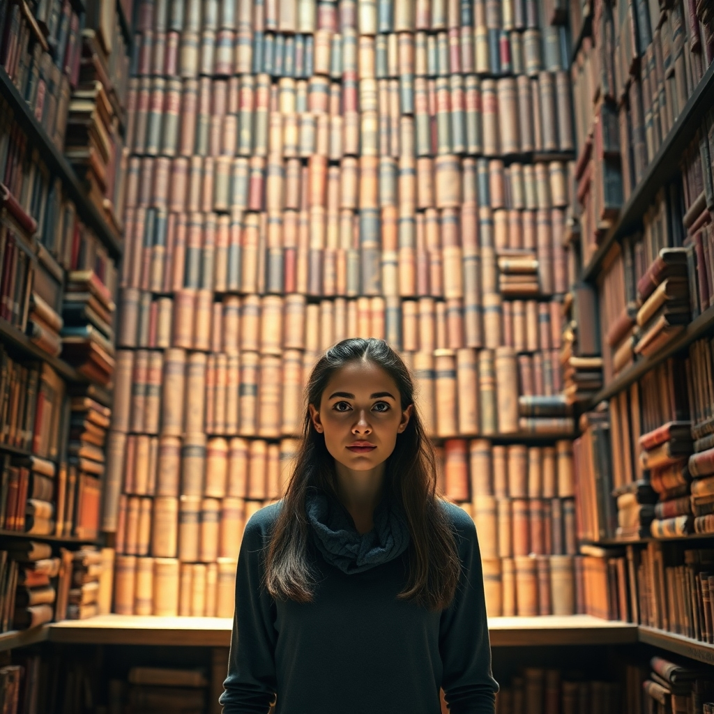 Create a photorealistic image of a woman standing in front of a vast wall of ancient books. The books should be beautifully bound and aged, hinting at the wisdom and knowledge contained within. The lighting should be soft and warm, with the woman's eyes gleaming with curiosity and excitement. 4K resolution.