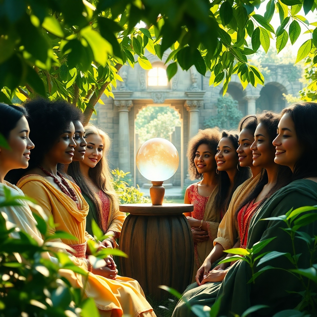 Create a photorealistic, ultra-high quality header image. The scene depicts a group of diverse women, their faces radiating inner peace and strength, gathered in a circle within a lush, vibrant garden. Sunlight filters through the leaves, creating dappled lighting and highlighting their connection. In the center of the circle, a glowing orb symbolizes feminine energy and potential. The background subtly reveals a mystical, ancient structure hinting at lineage and legacy. The color palette should be warm and inviting, with earthy tones accented by gold and emerald hues. Use a wide-angle lens to capture the expansiveness of the scene. Textures should be rich and detailed, from the women's flowing garments to the intricate patterns of the stone structure. The style is inspired by renaissance paintings and surrealist photography. 8K resolution, hyperrealistic.