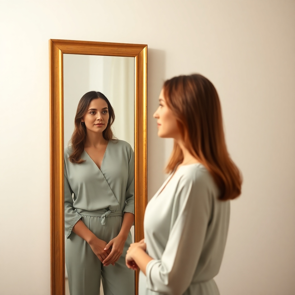 Create a realistic image of a woman standing in front of a mirror. In the mirror, she sees herself in the future, confident and wise. The color palette should be soft and reflective. 4K resolution.