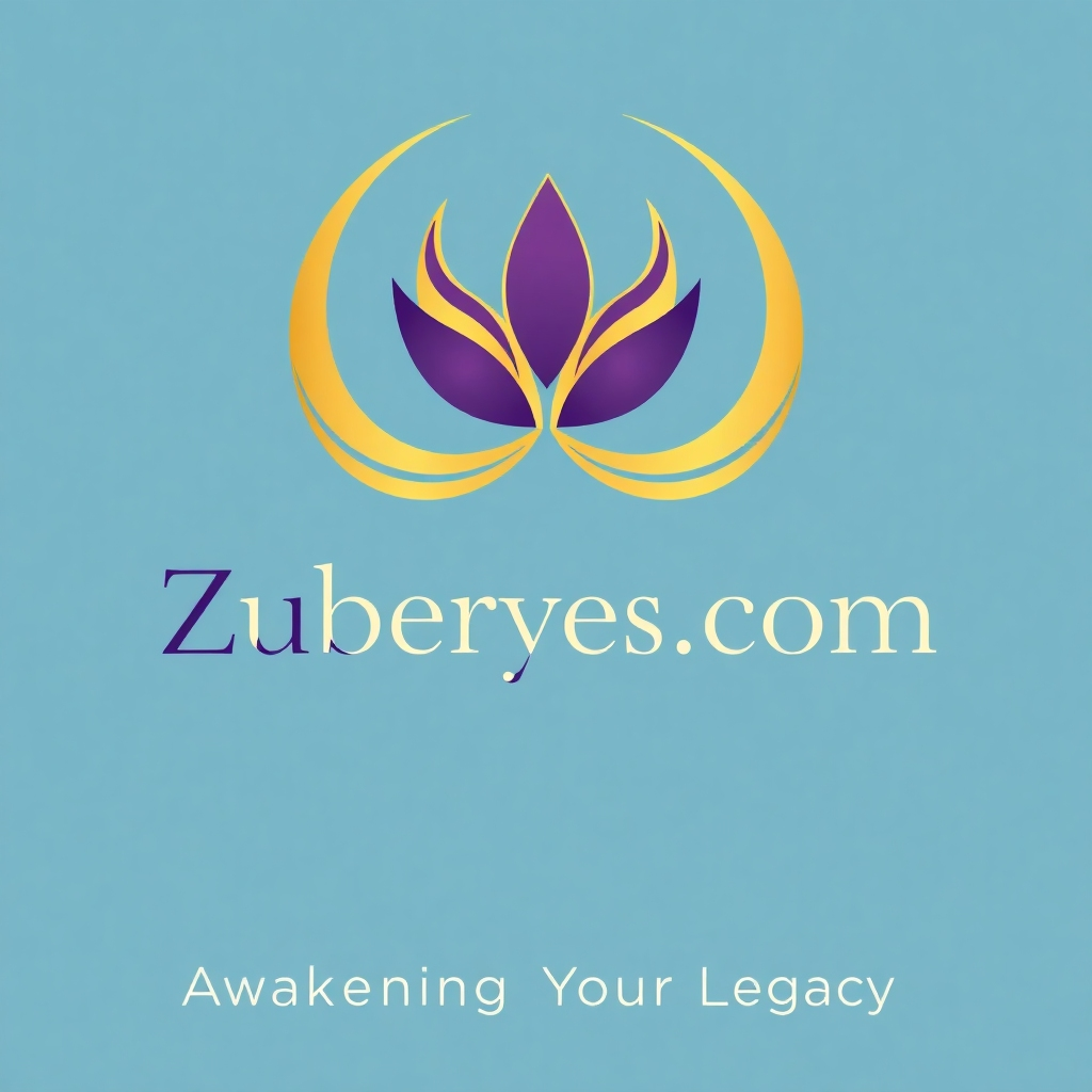 Create a stylized image of a logo concept for Zuberyes.com. The logo should incorporate a symbol representing feminine power, such as a stylized lotus flower or a crescent moon intertwined with a flowing ribbon. The color palette should be elegant and sophisticated, using shades of gold, purple, and deep blue. The tagline 'Awakening Your Legacy' should be subtly integrated below the main symbol, using a clean and modern font. The overall design should evoke a sense of grace, strength, and transformation. Emulate a modern minimalist logo design style. 4K resolution, clean vector graphics.