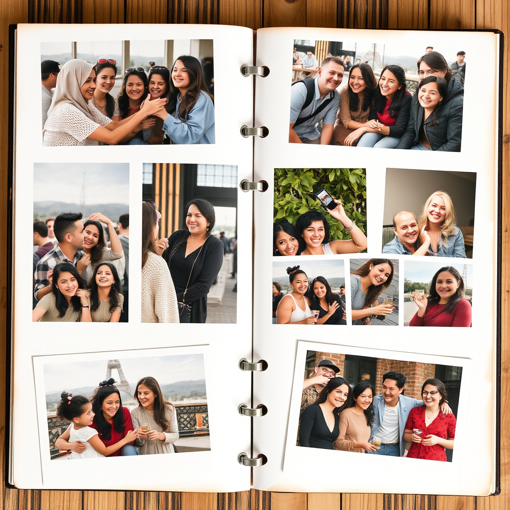 Create a stylized image of a photo album filled with pictures of hosts and travelers sharing experiences together. The pictures are candid and joyful, capturing moments of laughter, connection, and cultural exchange. The overall style is nostalgic and heartwarming, evoking a sense of cherished memories.