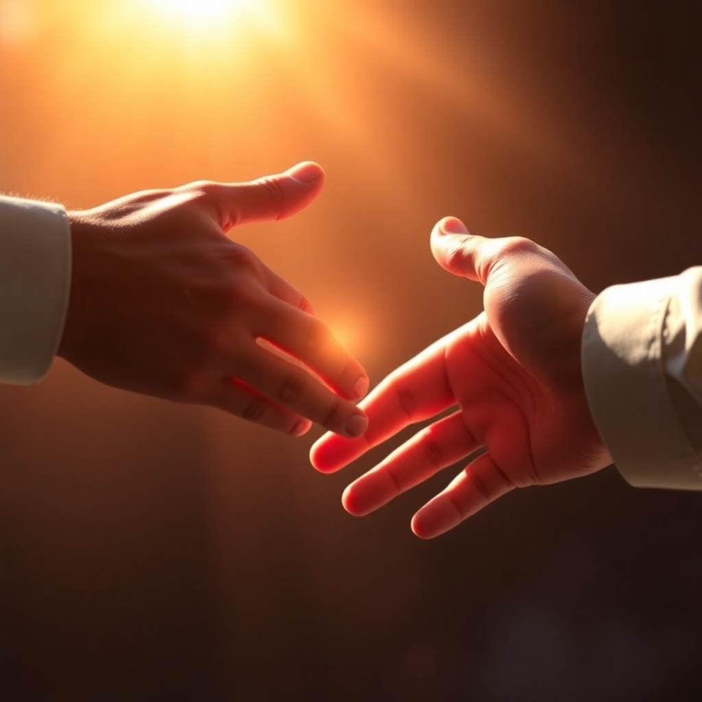 Create a stylized image of two hands reaching towards each other, with light shining in the background. The lighting represents hope. Focus on the connection between the hands. 4K resolution.