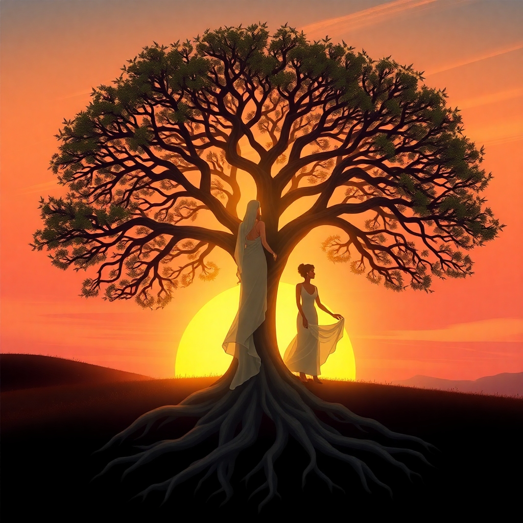 Create a stylized image representing the core of Zuberyes.com. A single, strong tree with deep roots (representing lineage and the Zuberi philosophy) stands prominently against a backdrop of a vibrant sunset. The tree's branches reach towards the sky, forming a canopy that shelters three women, each representing a different stage of feminine empowerment. The lighting is soft and ethereal, with a golden glow highlighting the tree and the women. Use a slightly low-angle perspective to emphasize the tree's strength and growth. Texture details should focus on the bark of the tree and the flowing fabric of the women's dresses. Inspired by art nouveau and fantasy art, the image should evoke a sense of peace, wisdom, and feminine power. 4K resolution, high quality.