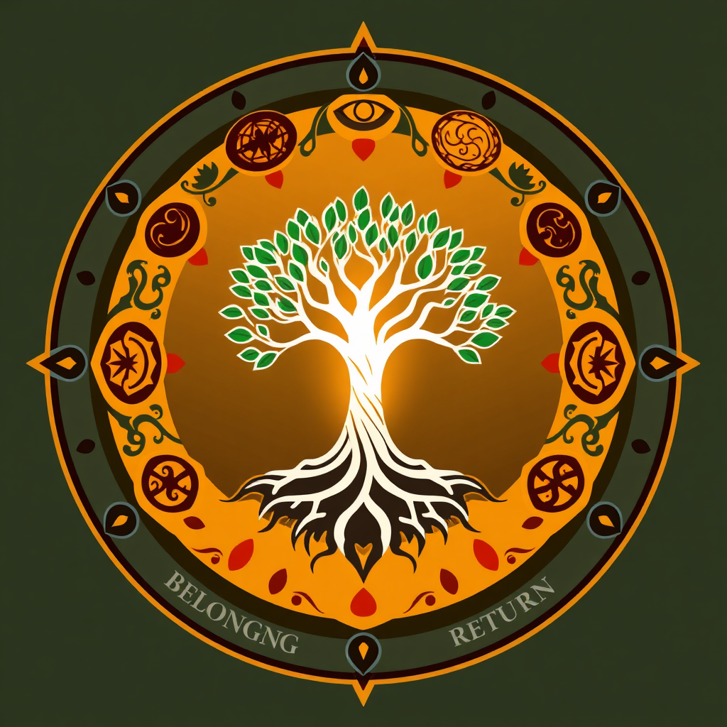 Create a stylized image representing the core values of Wanzia Nation: Identity, Belonging, and Return. Imagine a circular emblem comprised of interconnected symbols representing diverse cultures and heritages. At the center is a radiant, stylized tree with deep roots, symbolizing belonging. Around the tree, intertwining pathways represent journeys of self-discovery and return to one's roots. The color palette should be warm and inviting, with earthy tones and vibrant accents. Lighting should emphasize the interconnectedness of the elements. Use a 4K resolution to ensure crisp details. The style should be a modern interpretation of ancient symbology, evoking a sense of mystery and wisdom.
