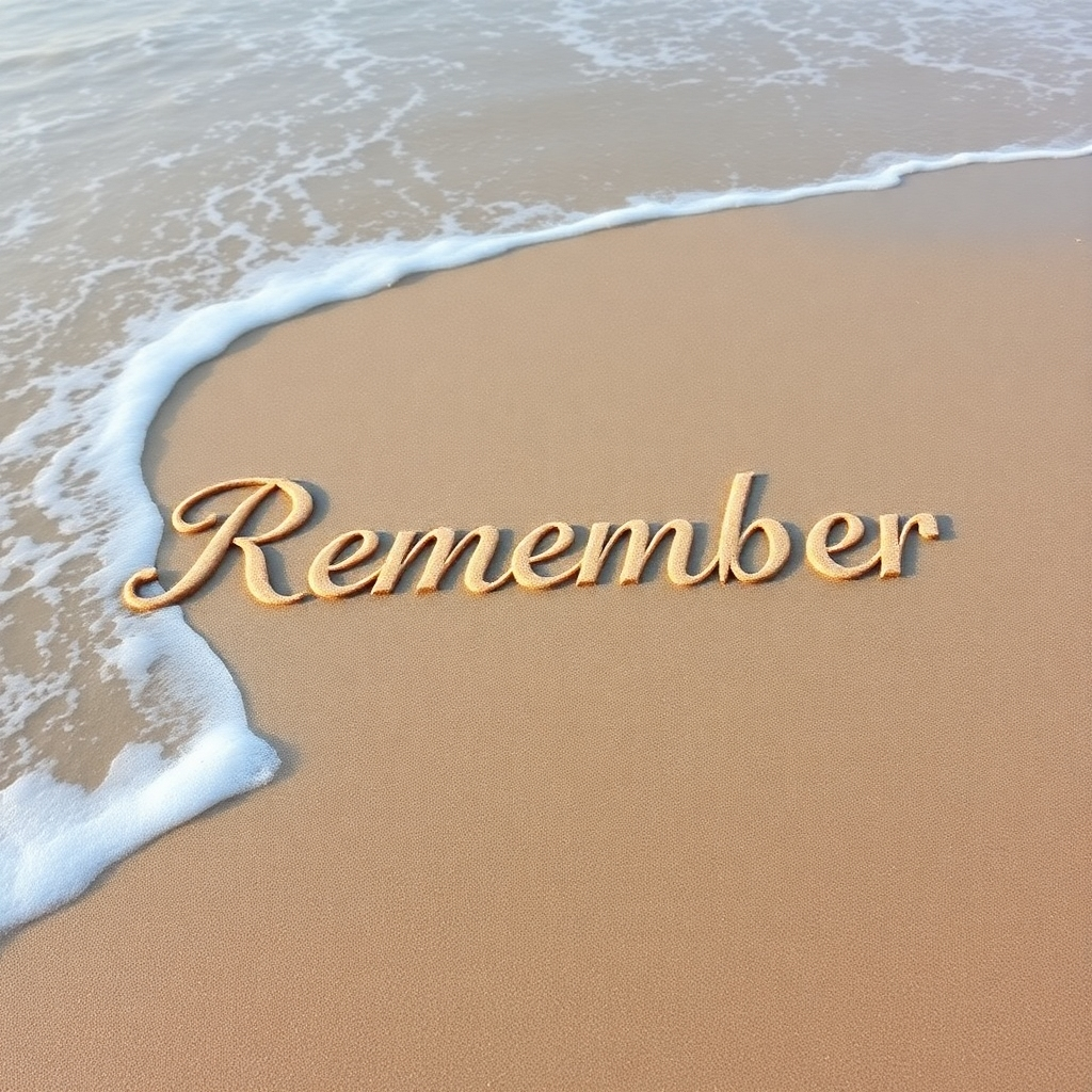 Create a tranquil beach scene with the word 'Remember' inscribed in elegant calligraphy in the sand. The tide is gently lapping at the word, emphasizing the importance of the message. The lighting should be soft, highlighting the textures of the sand and the water. High-resolution.