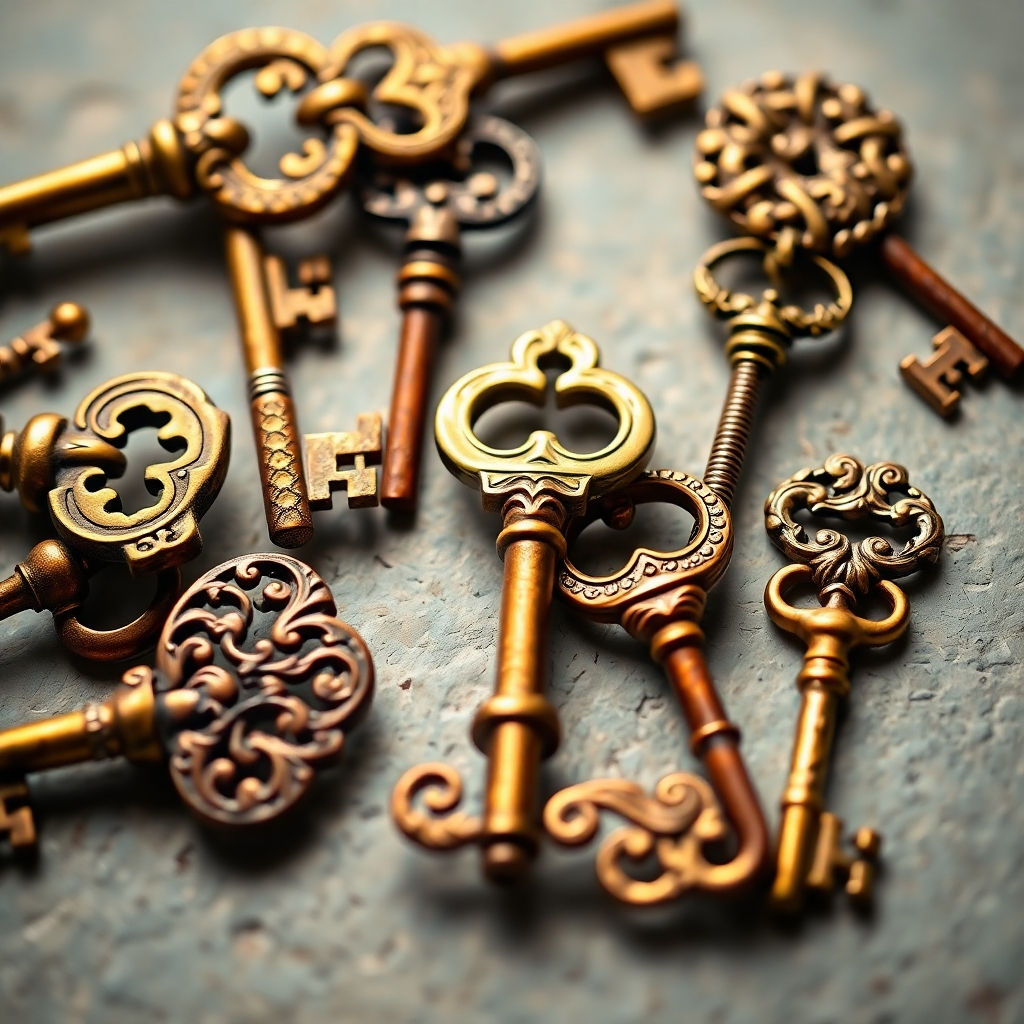 Create a visually appealing image featuring a collection of antique keys, each with unique designs. The keys should represent the different pathways to unlocking feminine power and legacy. Use a warm and inviting color palette, with soft lighting and intricate details. The style should be vintage and elegant. 4K resolution.