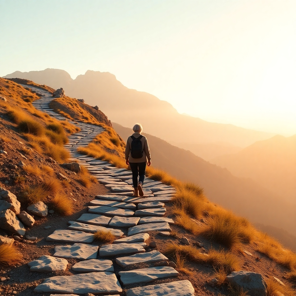 Create a visually appealing image of a winding mountain pathway, with an elder guiding a younger woman. The pathway will represent guidance and support. Use a color palette of earth tones with highlights of golden sunlight. 4K resolution.