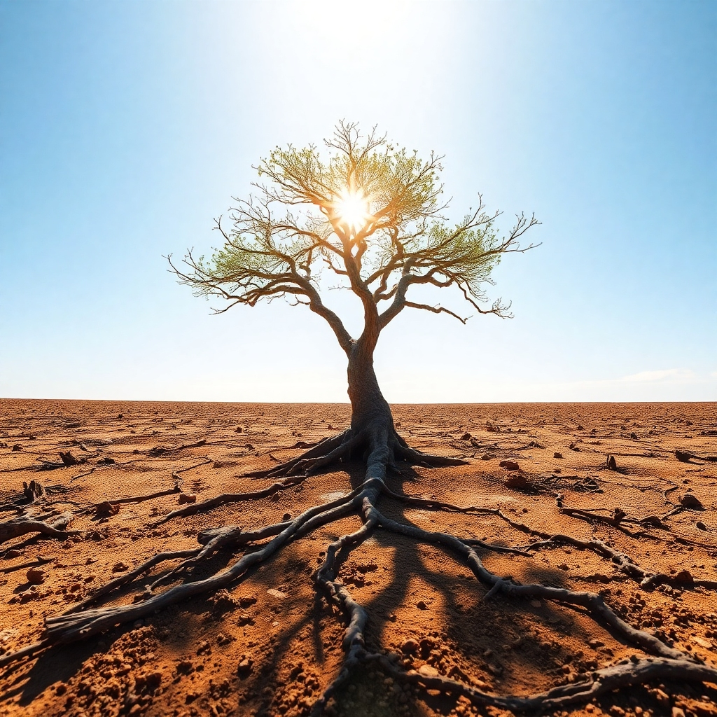 Create an image of a solitary tree growing from barren land. Sunlight is beaming down on the tree. Focus on the textures of the bark, soil, and sky. Highlight the sunlight to evoke a sense of growth, strength, and hope. Use a warm color palette. 4K resolution.