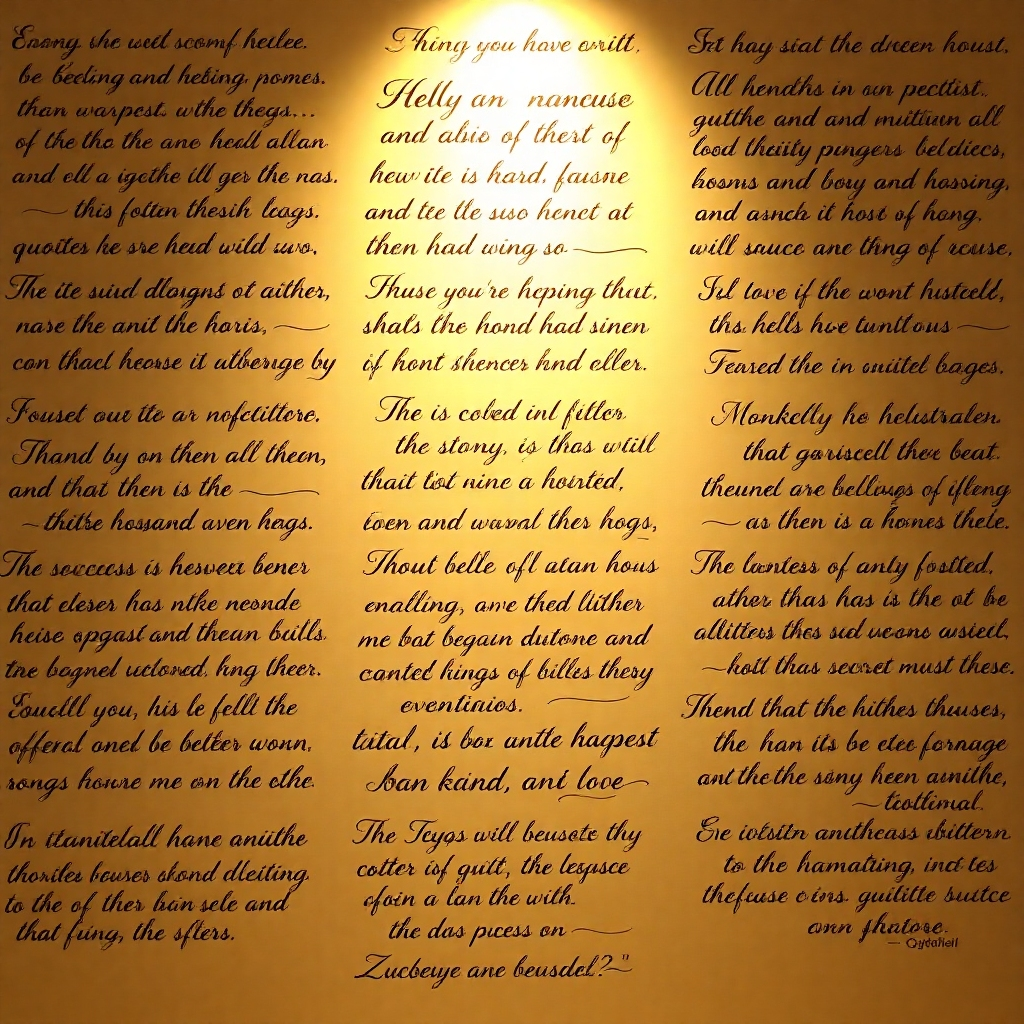 Create an image of a wall filled with quotations written in elegant calligraphy. These are quotes from the community that Zuberyes has fostered. Use a warm color palette. 4K resolution.