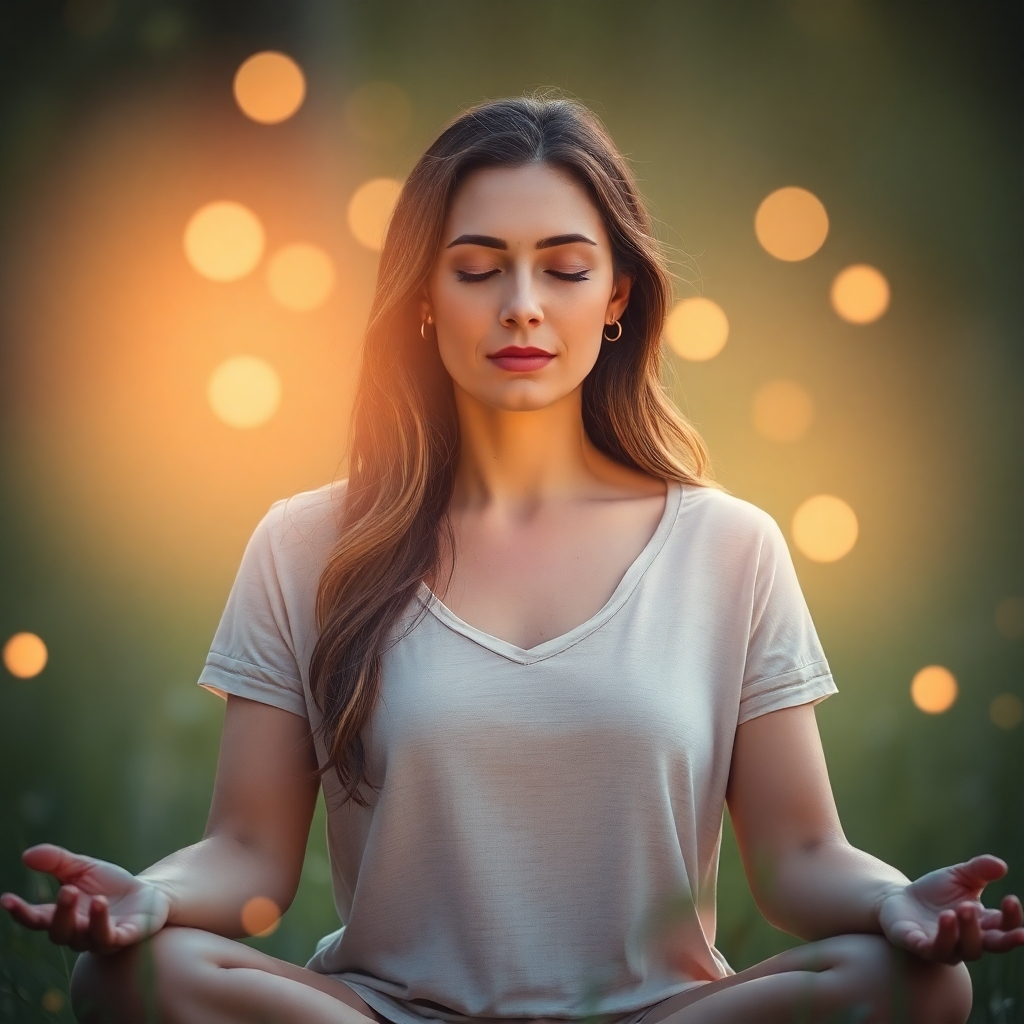 Create an image of a woman meditating in a serene, natural setting. She is surrounded by glowing orbs of light. Use soft lighting and a calming color palette to emphasize the tranquility of the moment. Emphasize the woman's expression. 4K resolution.