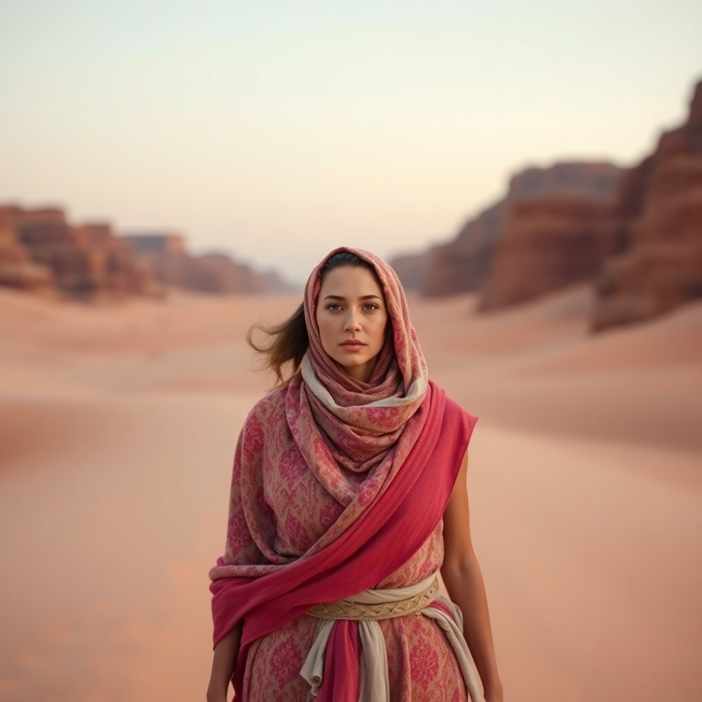 Create an image of a woman travelling through a desert. Show the transformation through her clothing, she has a strong presence. 4K resolution.