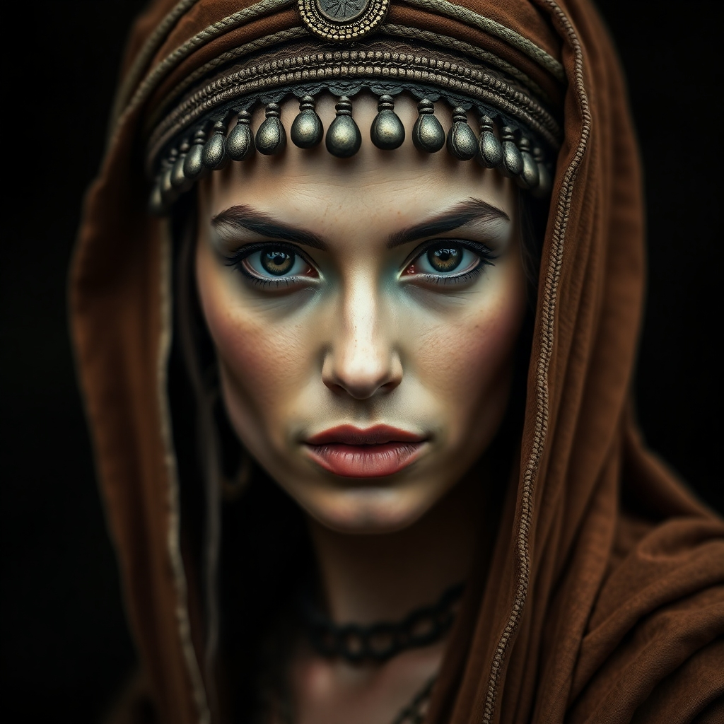 Create an image of a woman with a head dress. She is looking into the camera. She is from an ancient time. Use a dark, ancient color palette. 4K resolution.