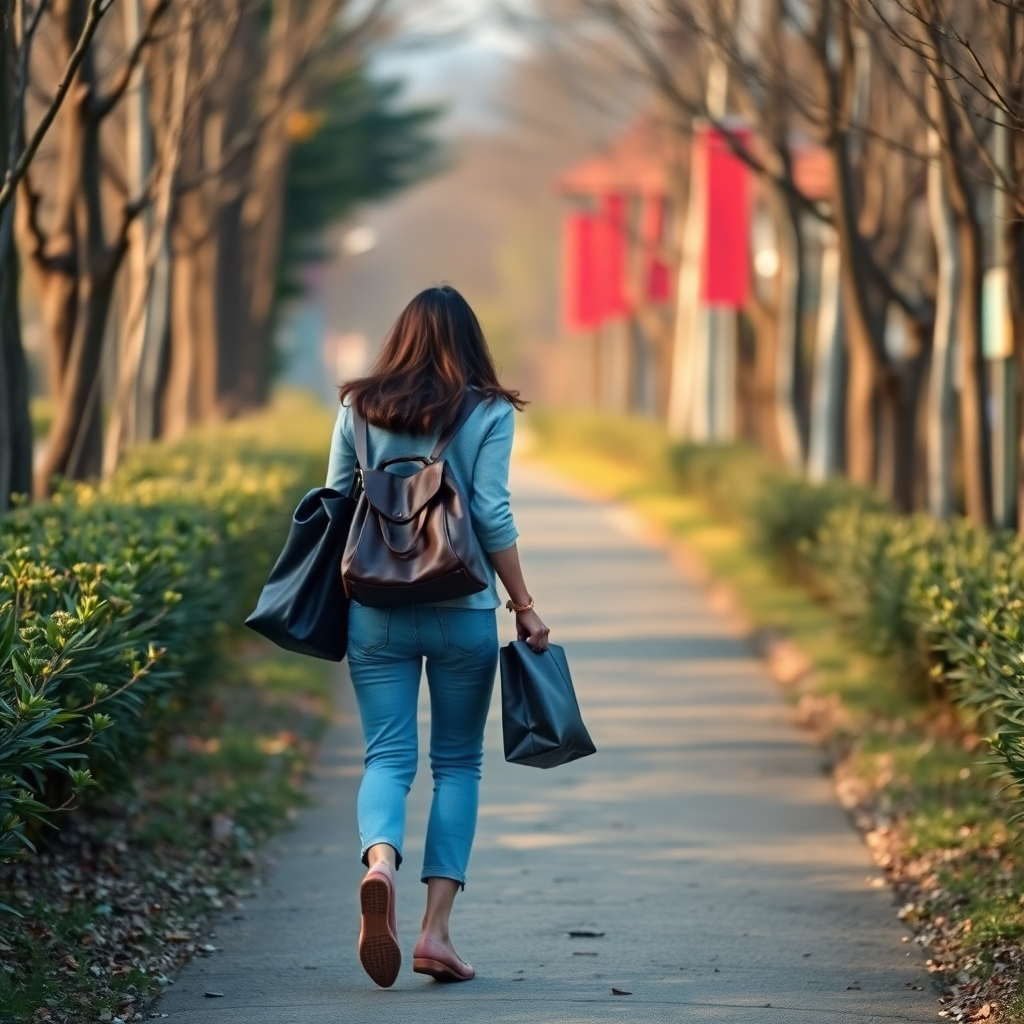 Create an image of a woman with her bags walking down a path. 4K resolution.