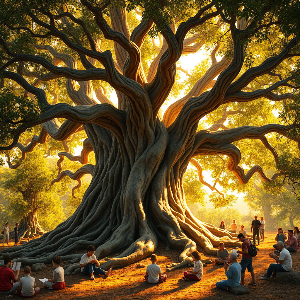 Create an image of an ancient, gnarled tree with deep roots and lush foliage. The tree is bathed in golden sunlight, symbolizing longevity and growth. Around the tree, people of all ages are engaged in activities such as reading, meditating, and sharing stories. The scene evokes a sense of timelessness and enduring value. Render in 4K resolution with a photorealistic style.
