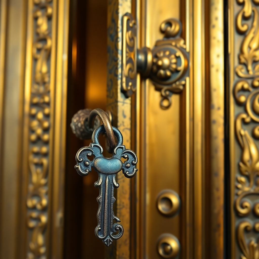 Create an image of an antique key unlocking an ornate door. The room behind it is golden. Focus on the key, and the door. Highlight any scratches on the key or door. Use a warm color palette. 4K resolution.