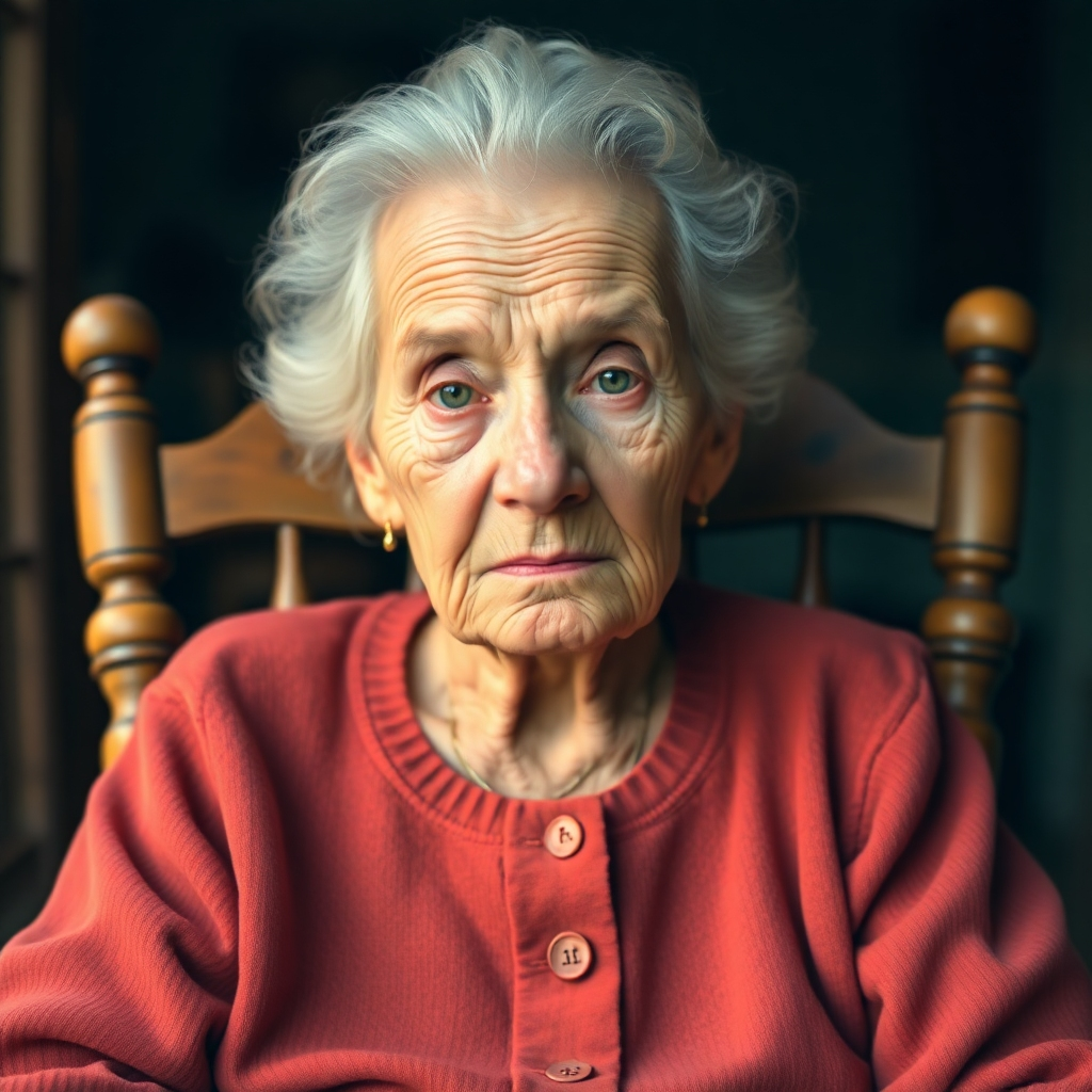 Create an image of an old woman sitting in her rocking chair. She is looking at the camera. Focus on the wrinkles in her face, and the glint in her eyes. Use a warm color palette. 4K resolution.