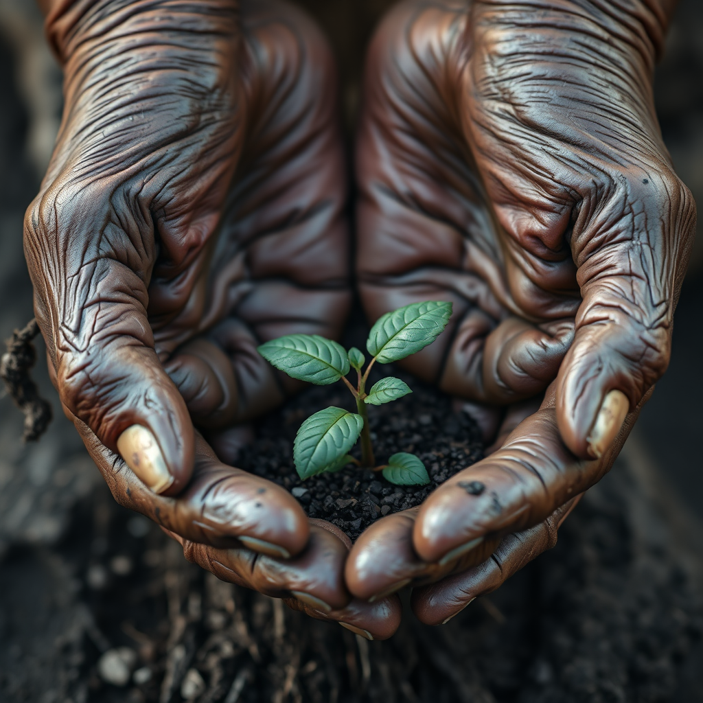 Create an image of ancient, weathered hands tending to a small seedling. The hands are wrinkled and worn, representing the wisdom of generations past. The seedling symbolizes new growth and the return to one's roots. Render in 4K resolution with a photorealistic style, emphasizing texture and detail.