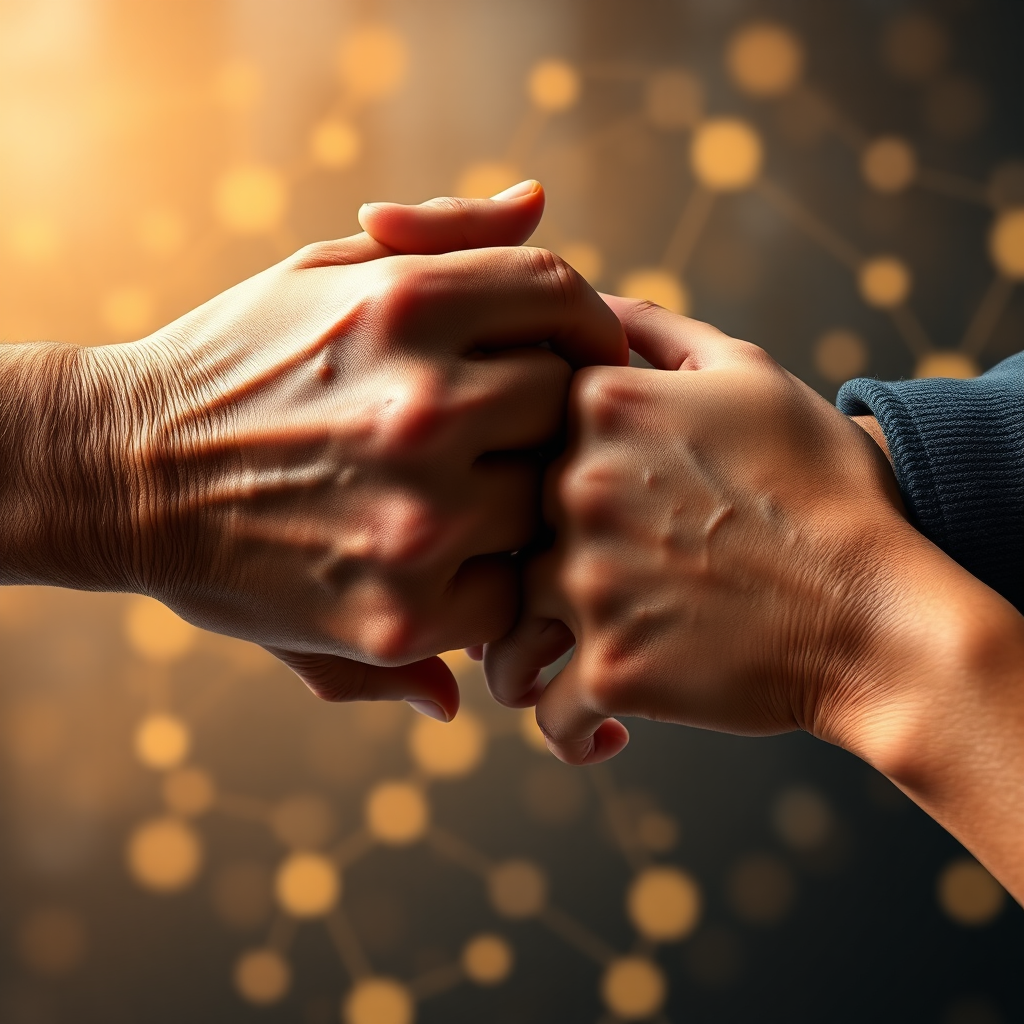 Create an image of two hands clasped together, symbolizing connection and support. The hands are diverse in age and ethnicity. The background is a blurred representation of a global network, suggesting a worldwide community. Use a warm, inviting color palette and render in 4K resolution with a photorealistic style.
