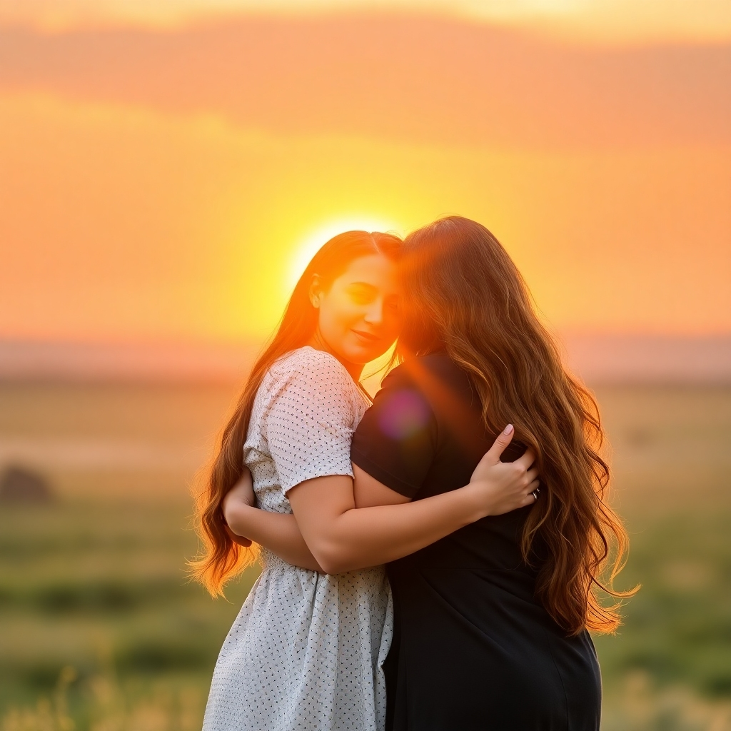 Create an image of two women hugging in front of the sunrise. 4K resolution.