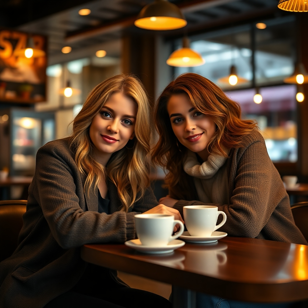 Create an image of two women sitting down in a coffee shop. They have deep connection. The warm lights of the cafe illuminate their faces. Focus on the texture of the table, coffees, and their clothing. 4K resolution.