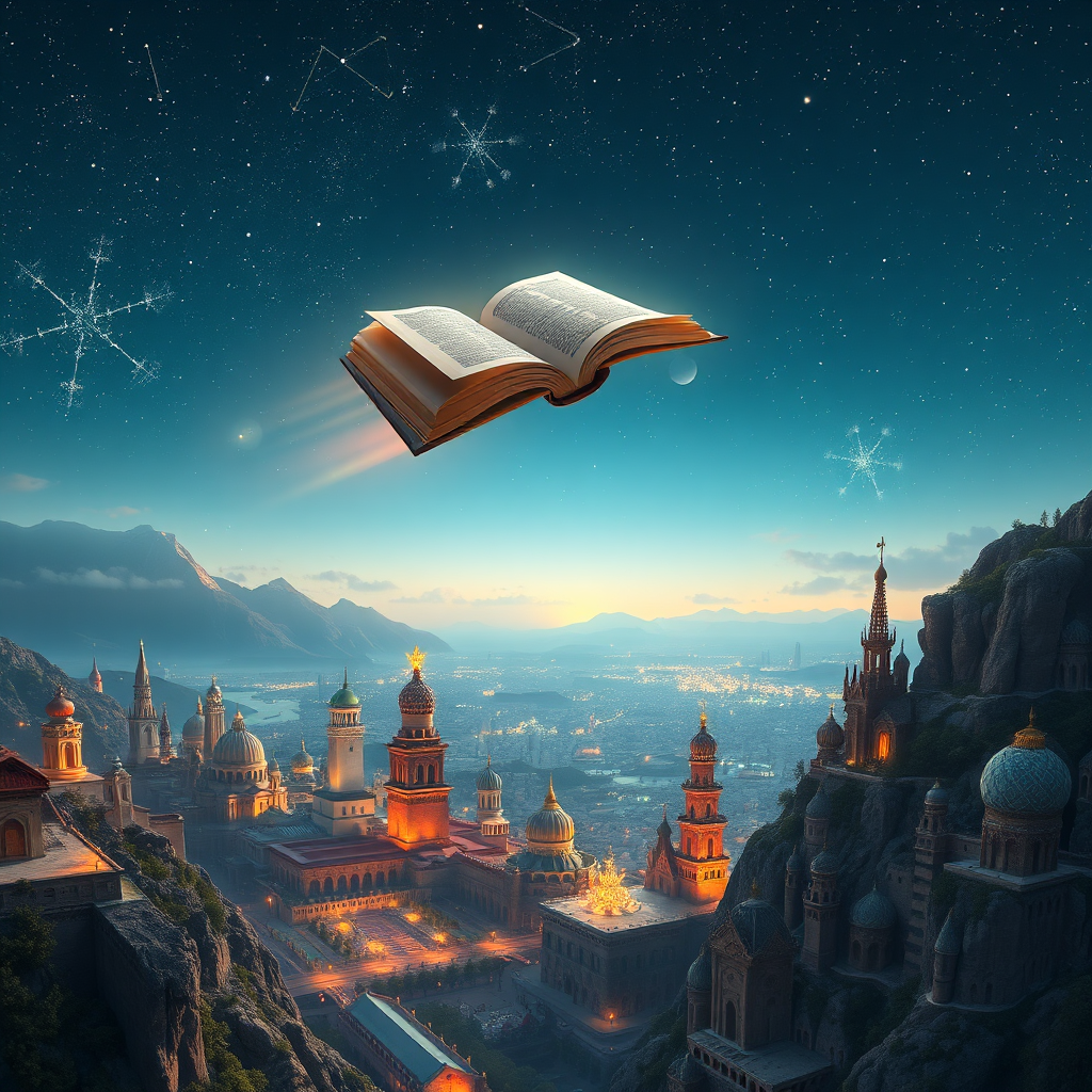 Depict a book taking flight, soaring above a landscape filled with landmarks representing different cultures and regions. The sky is filled with glowing stars and constellations. The overall scene should evoke a sense of adventure and limitless possibilities. Style is slightly surreal and dreamlike. Render in 4K resolution.