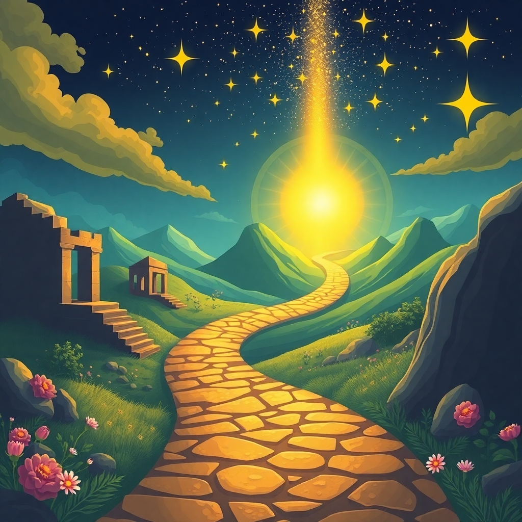 Design a stylized image depicting a winding road leading towards a radiant, ethereal destination. The road should be lined with symbols representing different aspects of personal growth and self-discovery, such as ancient ruins, blooming flowers, and guiding stars. The destination should be bathed in golden light, symbolizing fulfillment and purpose. Use a color palette that evokes a sense of adventure and transformation, with shades of blue, green, and gold. The style should be inspired by fantasy art and landscape painting. 4K resolution, high quality.