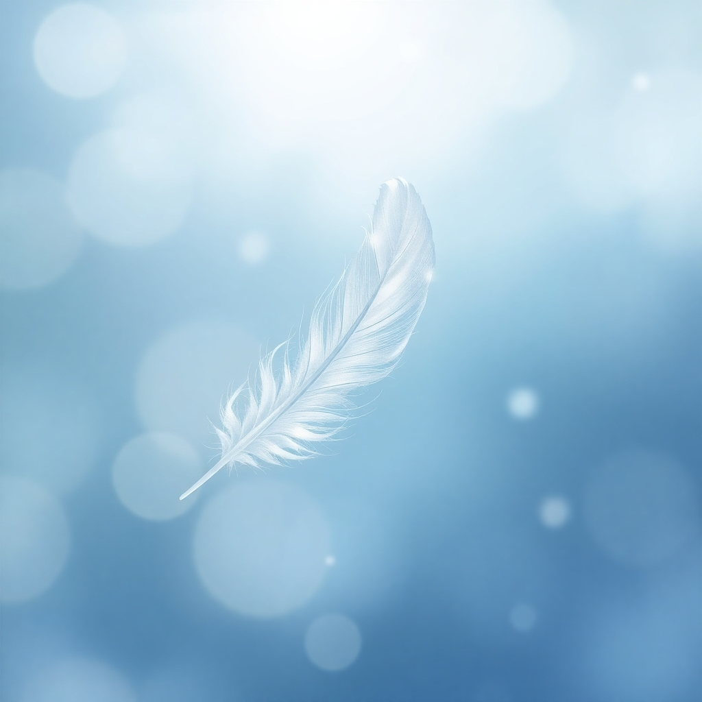 Design a stylized image depicting a delicate feather floating on a gentle breeze. The feather should be intricately detailed and illuminated with soft, ethereal light. The background should be blurred and dreamlike, creating a sense of tranquility and inspiration. Use a color palette that evokes a sense of peace and serenity, with shades of white, blue, and silver. The style should be delicate and ethereal, drawing inspiration from watercolor paintings and fantasy art. 4K resolution, high quality.
