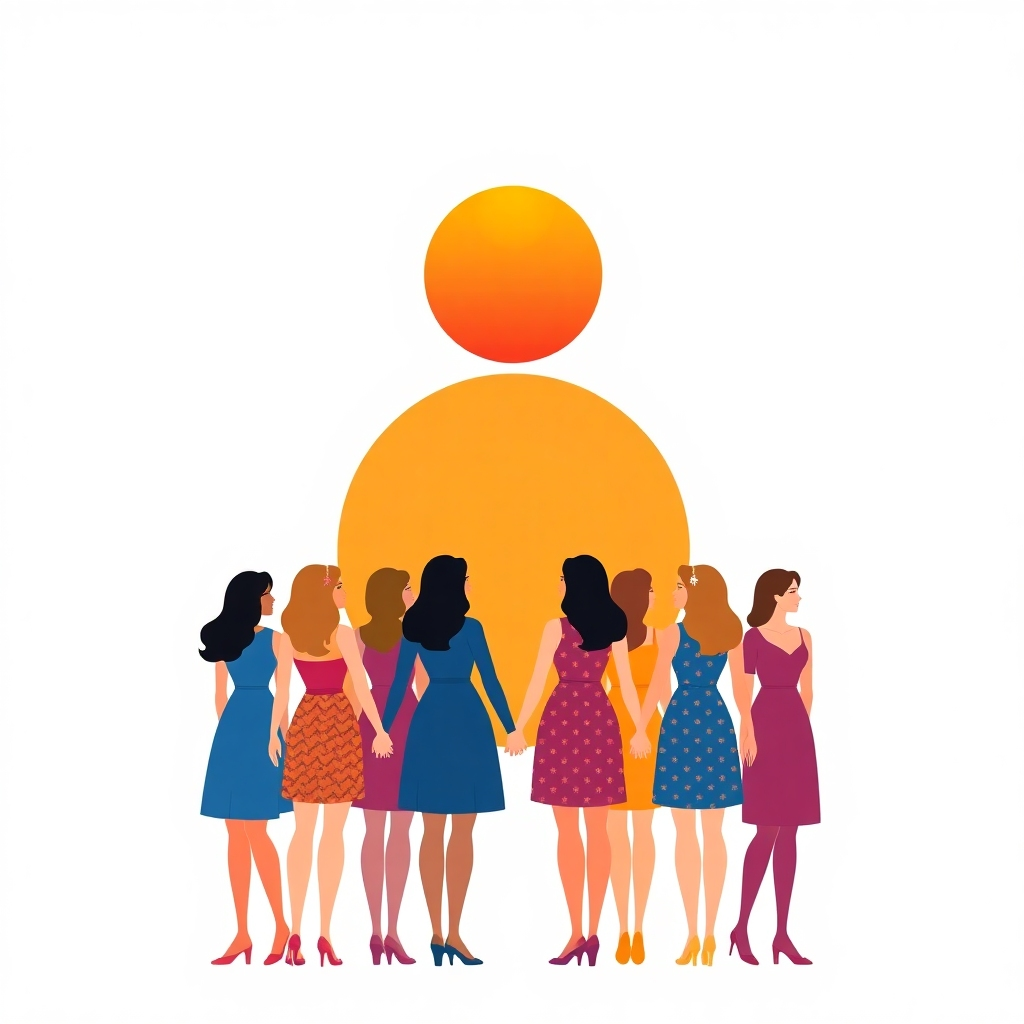 Design a stylized image depicting a sunrise over a diverse group of women standing together, holding hands. The sunrise should symbolize the dawn of a new era for women, while the women standing together represent unity and empowerment. The colors should be vibrant and uplifting. 4K resolution.