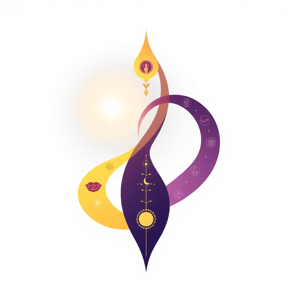 Design a stylized image depicting intertwined pathways, representing the journey of self-discovery and the call of destiny, merging into a radiant light. The pathways should be adorned with symbols representing different aspects of feminine power and intuition. The radiant light should symbolize the alignment of purpose and potential. Use a color palette that evokes a sense of hope and inspiration, with shades of gold, purple, and deep blue. The style should be modern and abstract, drawing inspiration from sacred geometry and contemporary art. 4K resolution, vector graphics.
