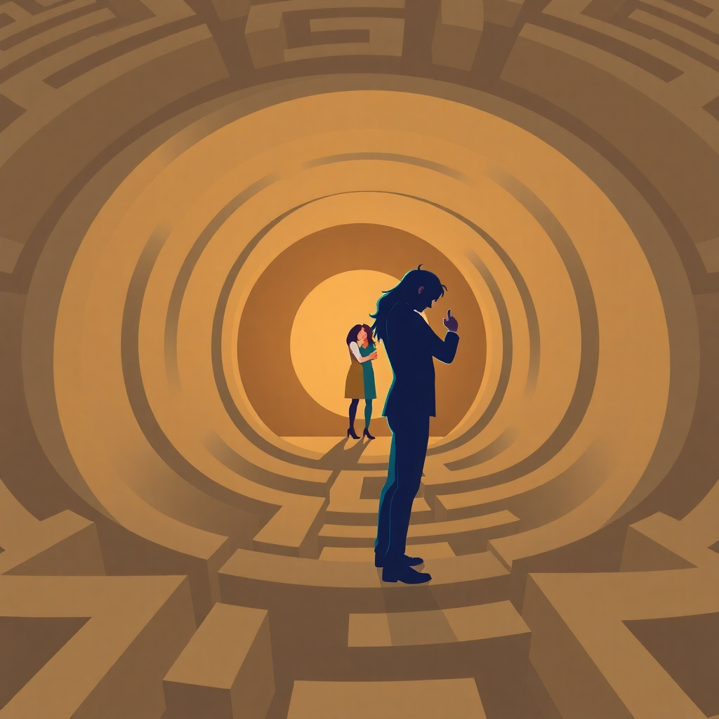 Design a stylized image of a labyrinth leading to a central chamber where two figures embrace. The labyrinth represents the journey towards deeper connection and intimacy, while the figures embracing symbolize the rewards of vulnerability and trust. The color palette should be warm and inviting. 4K resolution.