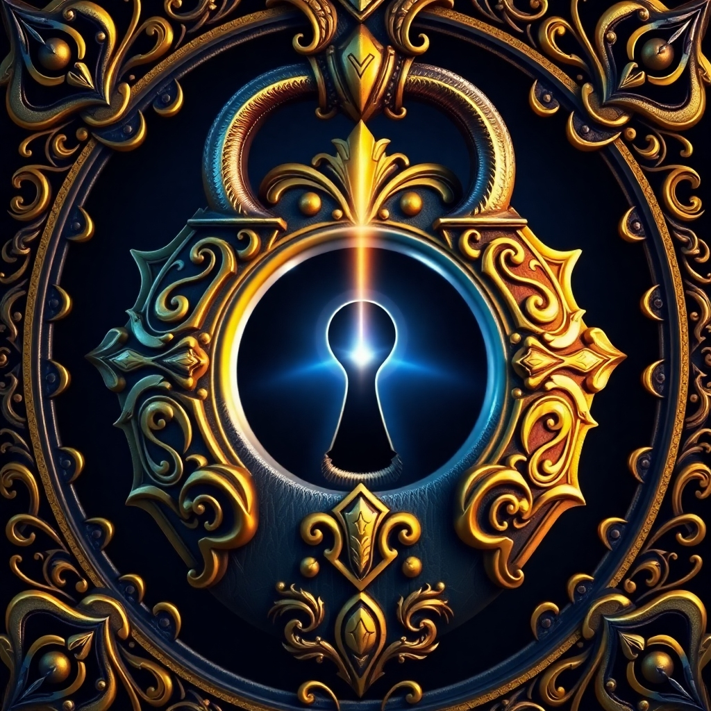 Design a stylized image of an ornate lock with a beam of light shining through the keyhole. The lock represents hidden potential, while the light symbolizes the unlocking of inner wisdom. Use a rich color palette of gold, silver, and deep blue, with intricate details and textures. The style should be mystical and evocative. 4k resolution.