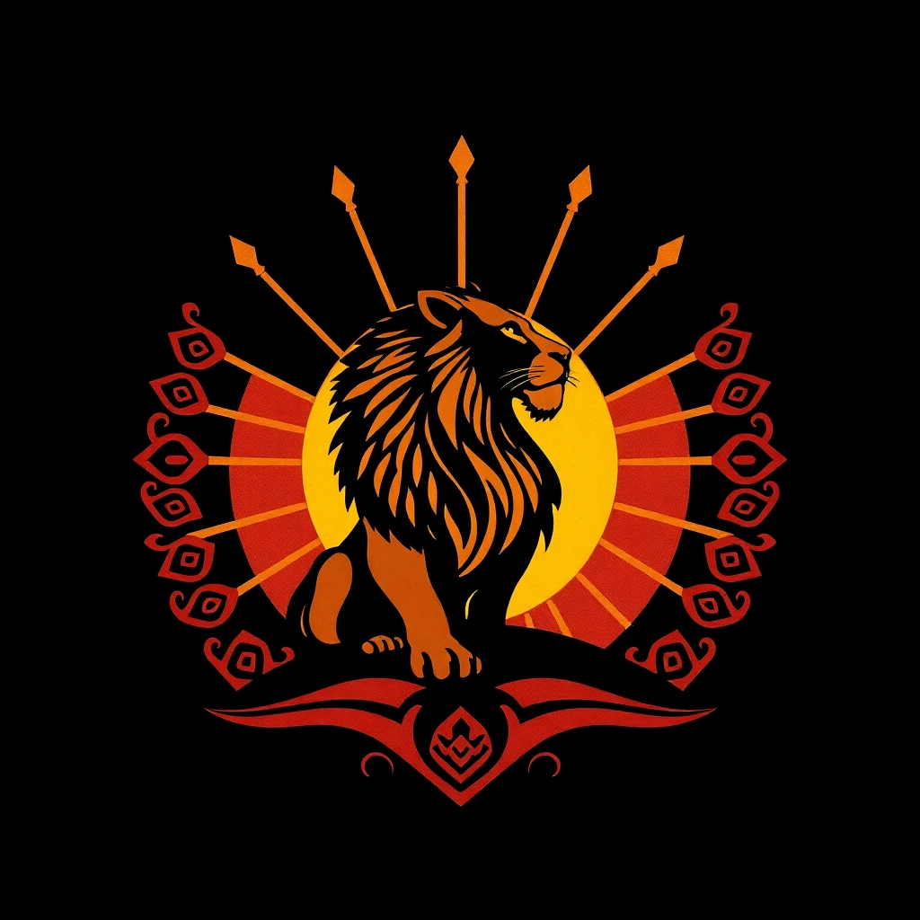 Design a symbolic image representing the strength and uniqueness of Zuberyes.com. The central element should be a stylized lioness, representing feminine power and leadership, gazing towards a radiant sunrise. The background should feature subtle patterns inspired by ancient textiles and tribal art, symbolizing lineage and connection. Use a bold and vibrant color palette, with shades of gold, crimson, and deep brown, to create a sense of energy and confidence. The style should be modern and impactful, drawing inspiration from geometric art and tribal patterns. 4K resolution, vector graphics.