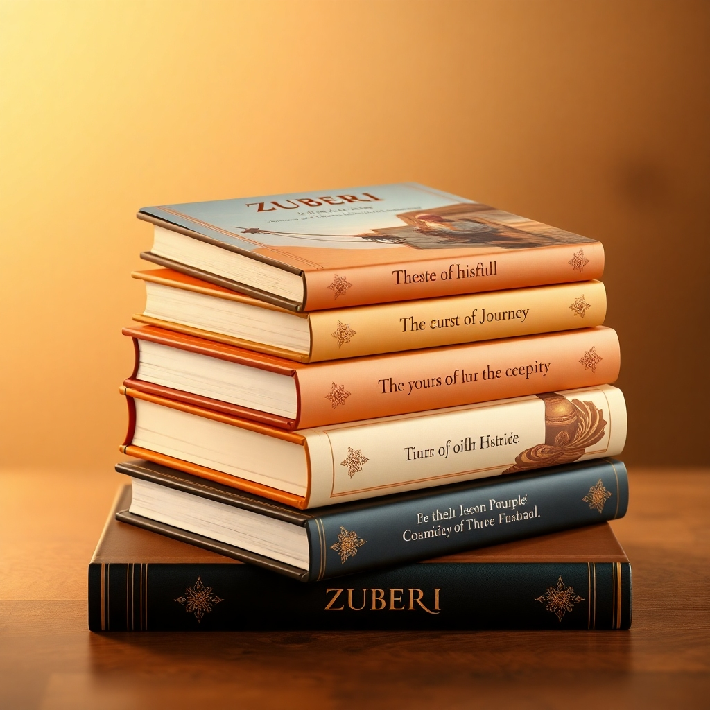 Design a visually appealing image featuring a stack of beautifully designed books. The books should have distinct covers, symbolizing the diverse facets of the Zuberi philosophy and journey. Use a warm and inviting color palette, with elegant typography and subtle textures. 4K resolution.