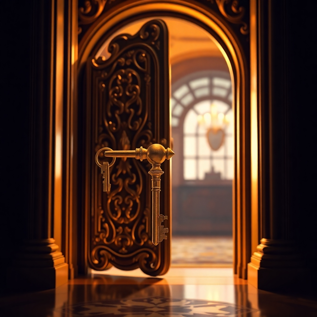 Design an image of a golden key unlocking an ornate door. The door leads to a softly lit chamber, inviting curiosity. The key symbolizes access to a private, exclusive experience. Use warm lighting to create an atmosphere of mystery and anticipation. High resolution.