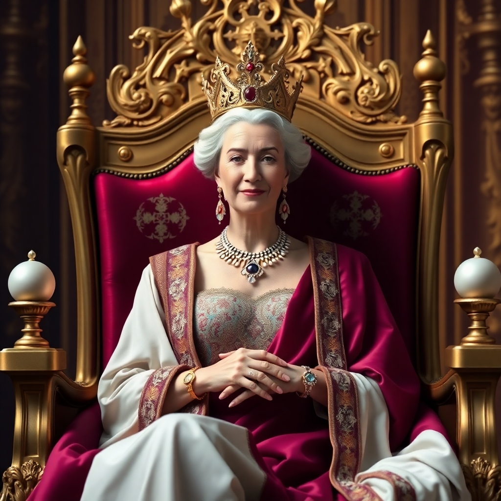 Design an image of a queen seated on her throne. She wears elegant attire, and her expression radiates power, wisdom, and compassion. The throne room is opulent, with symbols representing her authority and lineage. Use a rich color palette of gold, purple, and crimson, with soft lighting to enhance the queen's presence. 4k resolution.