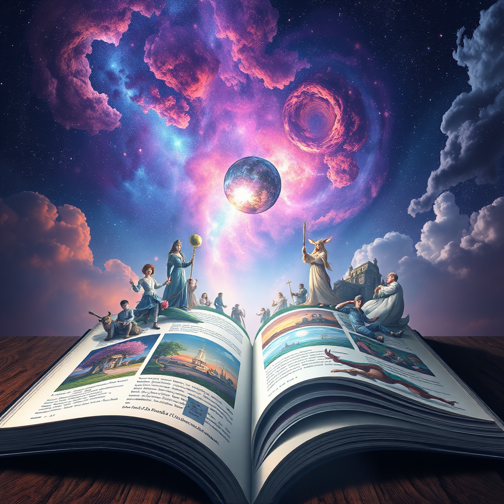 Design an image of an open book with pages that stretch infinitely into the horizon, filled with diverse scenes and characters from different stories. The sky above is filled with swirling colors and nebulae, representing the boundless possibilities of the imagination. Style is fantastical and surreal. Render in 4K resolution.