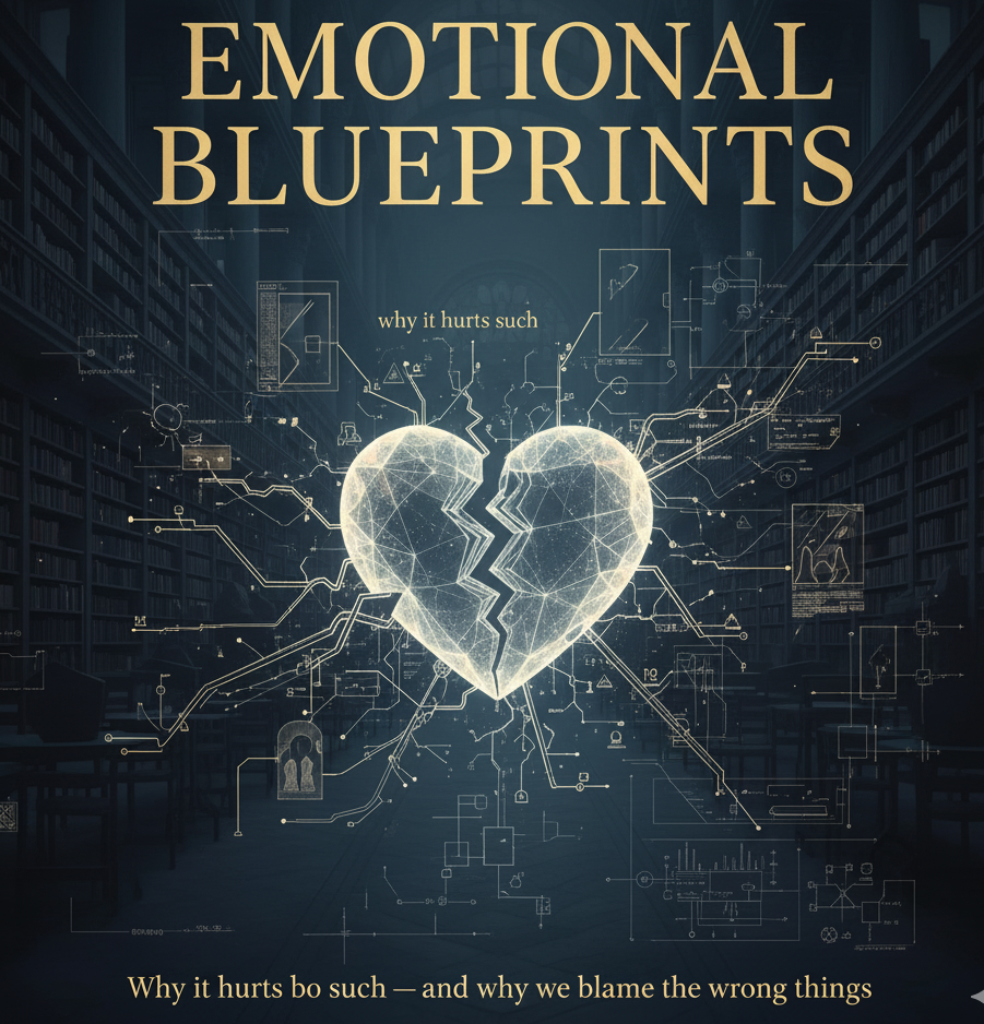 An image of a blueprint overlaid on an antique map. The blueprint depicts various symbols related to relationships, such as hearts, hands, and intertwined lines. The map is aged and faded, with intricate details. The color palette is dominated by sepia tones and muted blues. The image should convey a sense of discovery, mapping, and uncovering hidden structures.