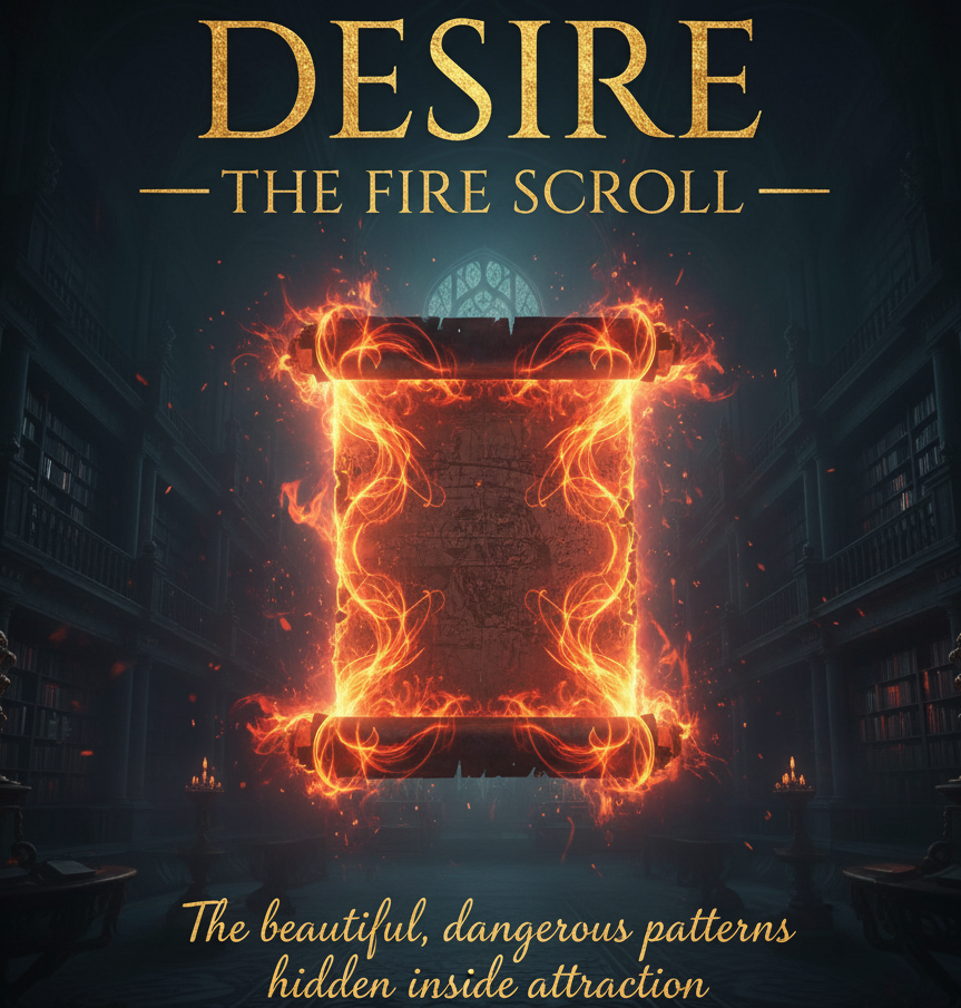 A detailed close-up shot of various antique books and scrolls with intriguing titles subtly visible, arranged artfully on a wooden table. Light source to suggest a study. Titles should imply emotional depth. The color palette emphasizes warm tones: browns, creams, and faded golds. Hyperrealistic detail required.