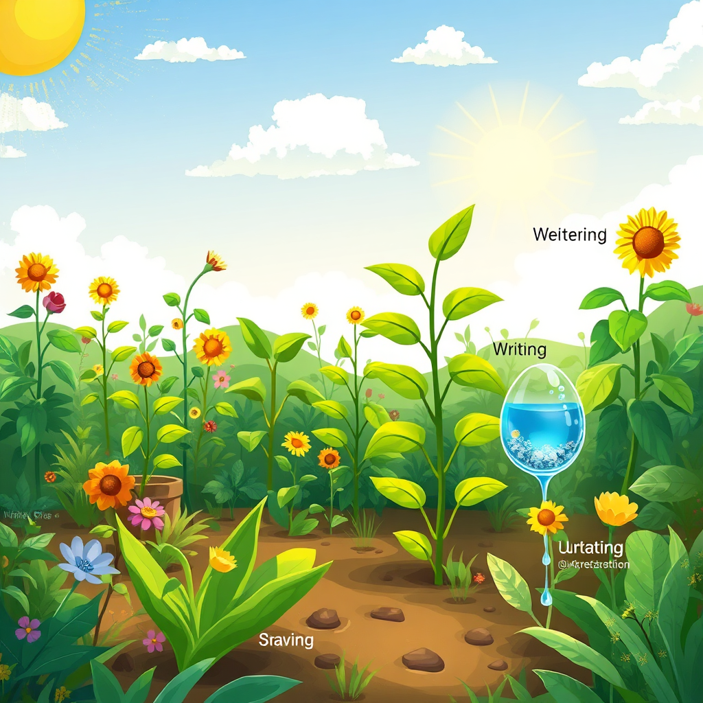 Illustrate a flourishing garden where each plant represents a different aspect of the writing process (e.g., writing, editing, publishing, marketing). The plants are nurtured by sunlight and water, symbolizing the resources and support provided by Wanzia. The scene should feel organic and harmonious. Style is painterly and vibrant. Render in 4K resolution.