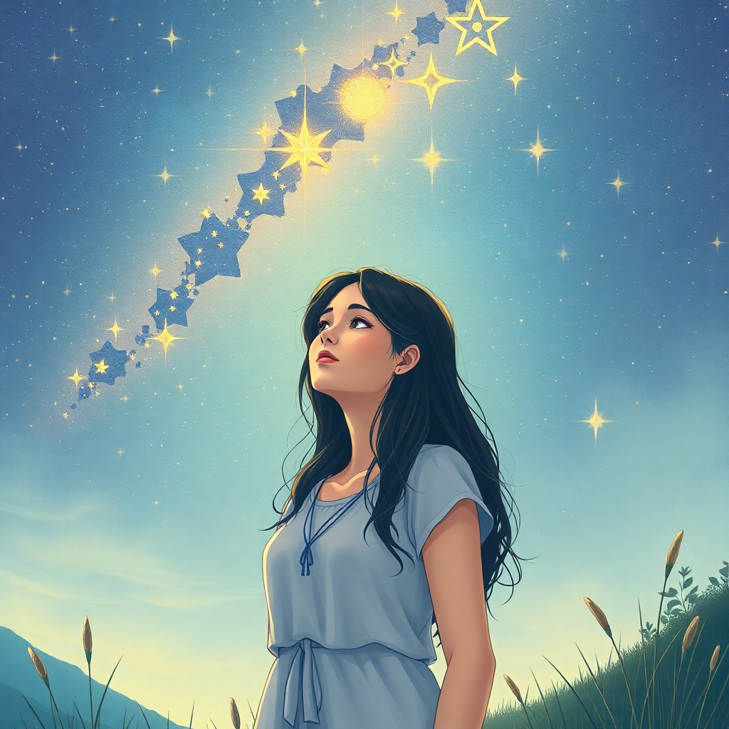 Illustrate a mystical moment where a woman stands in a tranquil, natural setting, with a sky full of stars above her. The stars are forming patterns, subtly guiding her path. Her expression should be receptive and thoughtful, conveying a deep connection with the cosmos. The lighting should be ethereal, emphasizing the alignment between the woman and the stars. High resolution, surreal style.